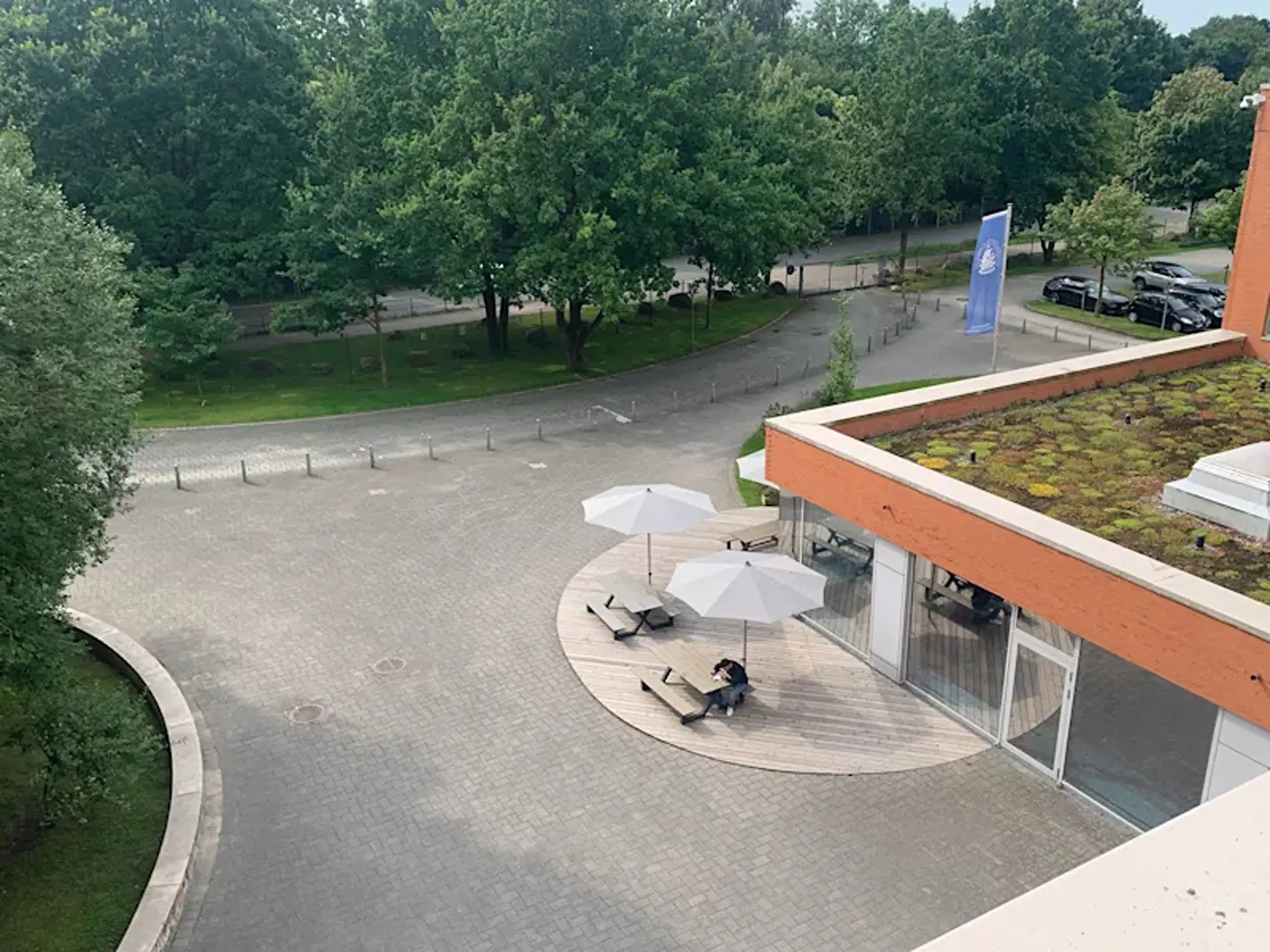 Aerial view of the green roof extension and outdoor courtyard seating