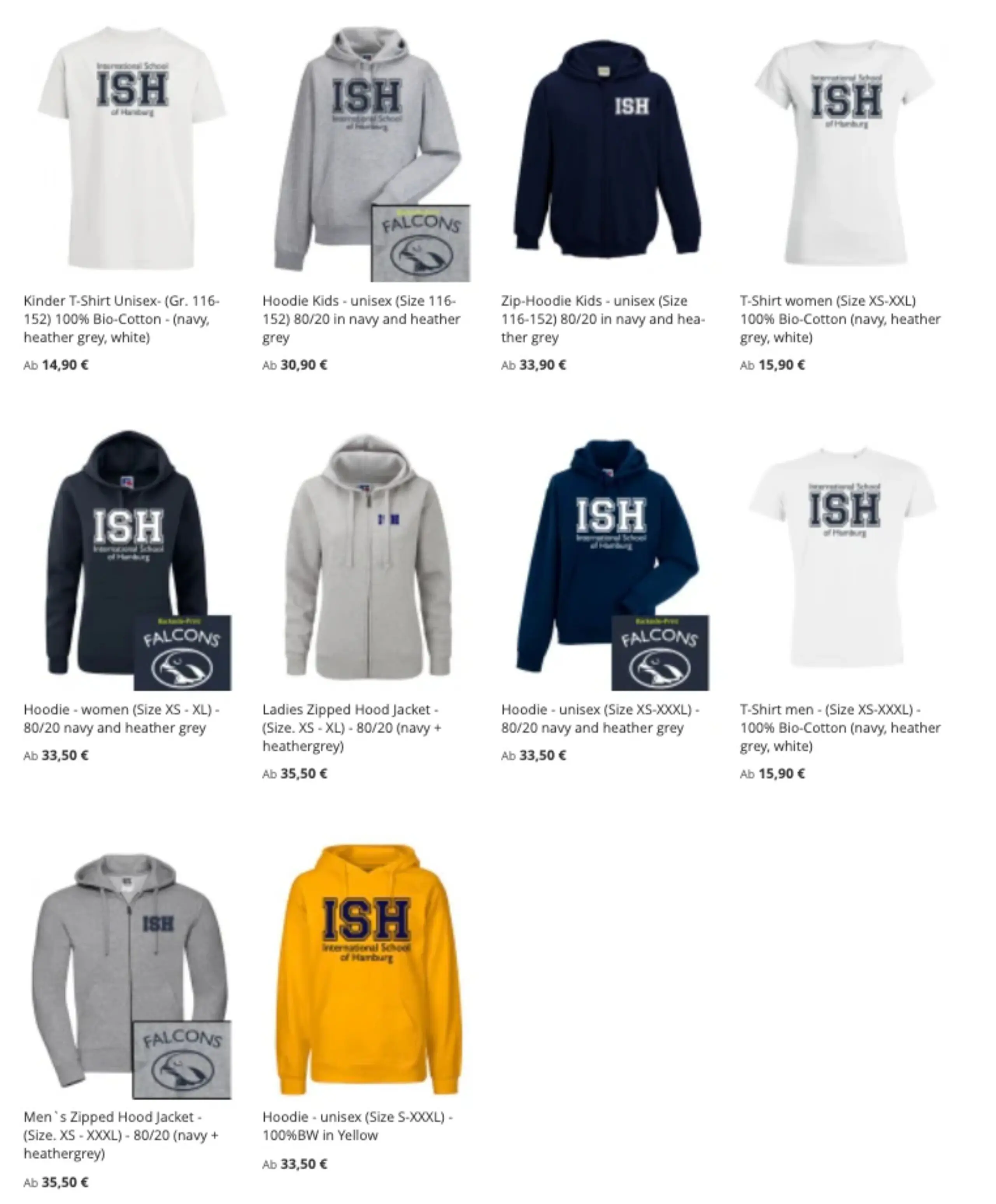 Grid display of official ISH school apparel including hoodies, t-shirts, and zip jackets for kids and adults