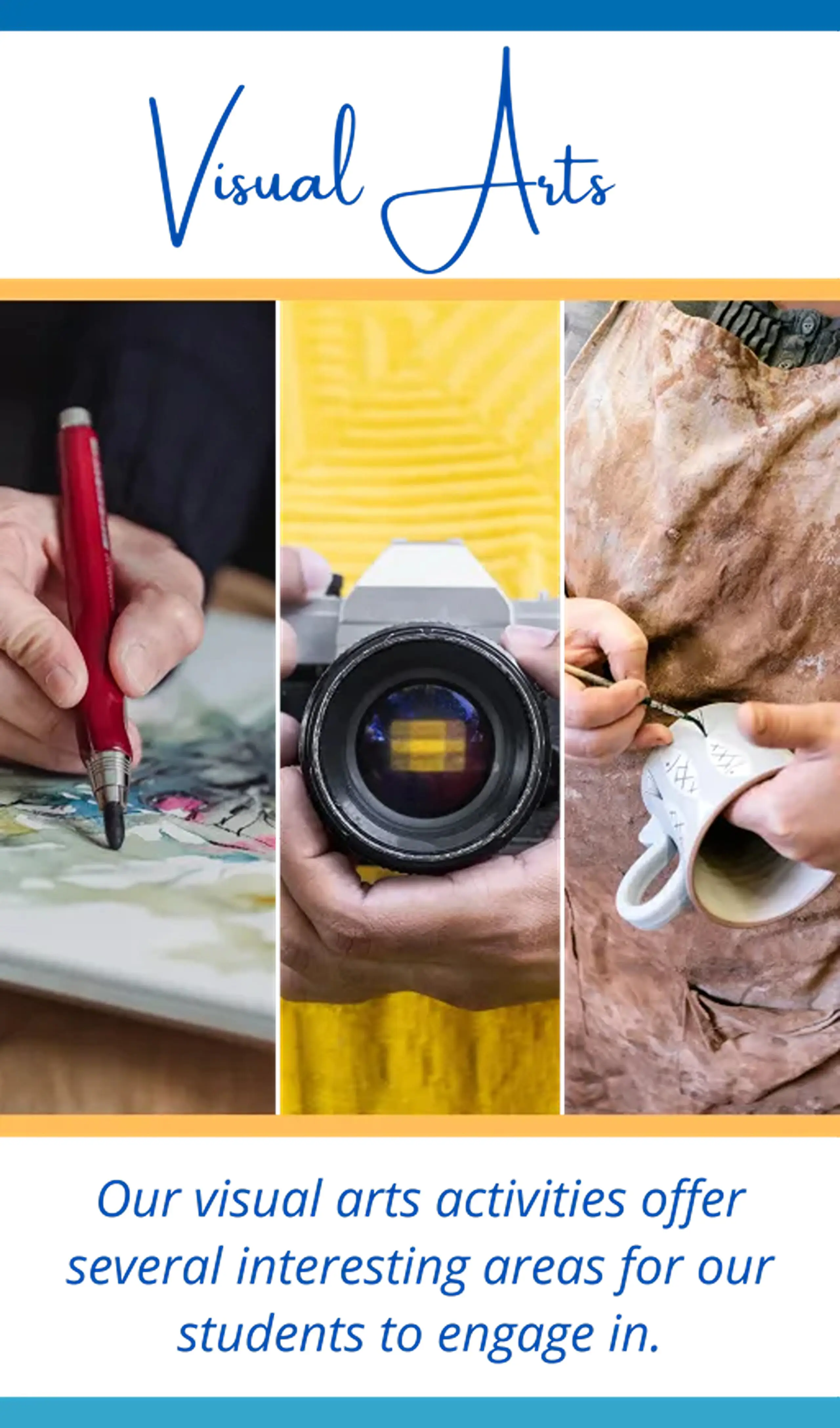 Visual arts after-school activities featuring sketching, photography, and fine arts